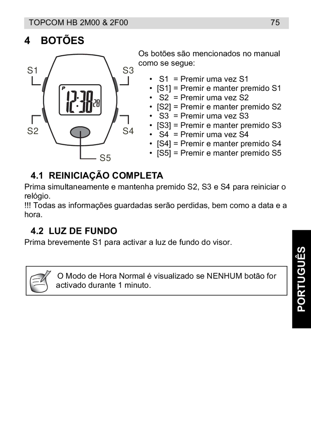 Topcom 4M00, 2F00 manual do utilizador Botões, Português, Reiniciação Completa, LUZ DE Fundo 