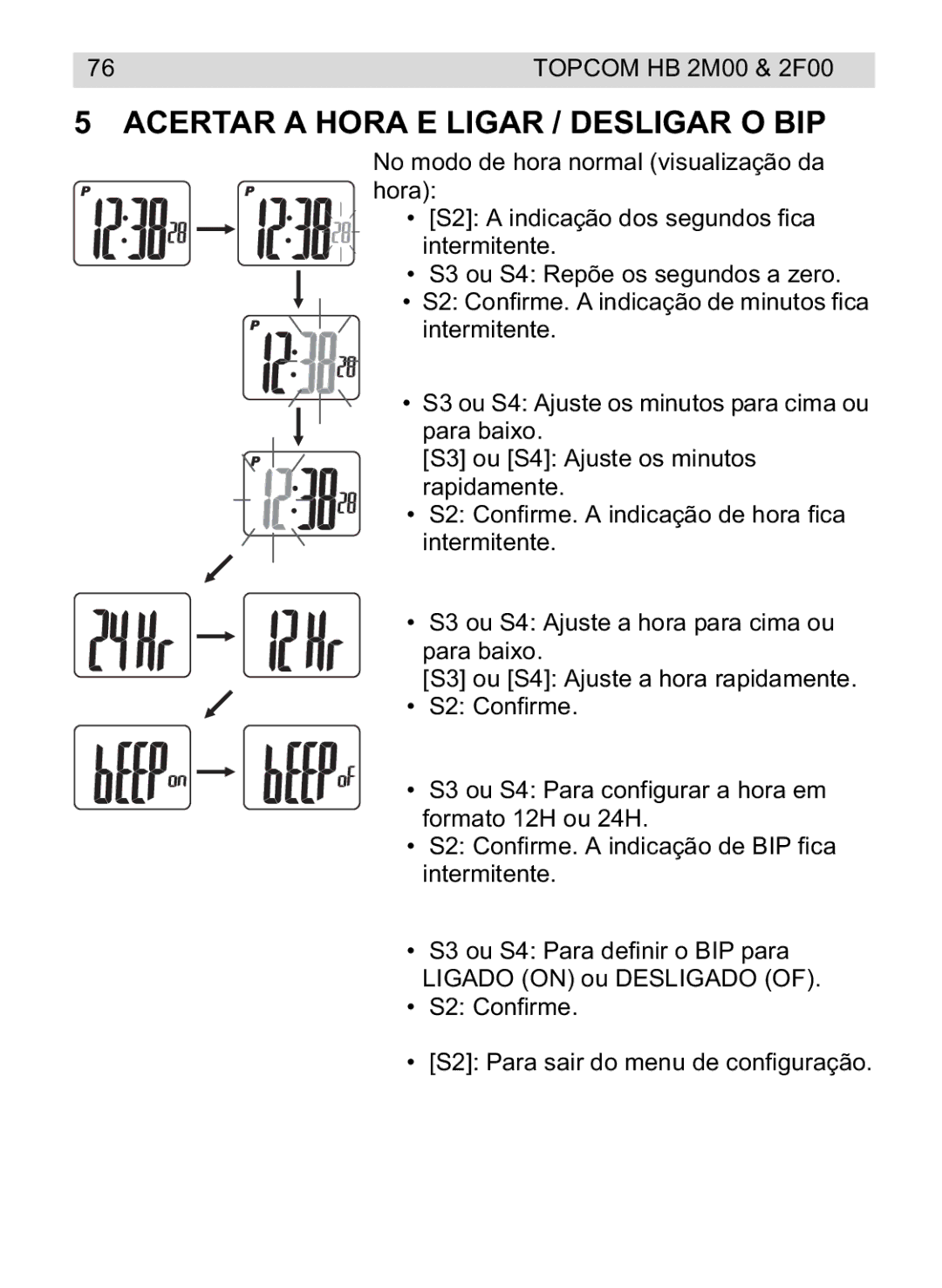 Topcom 2F00, 4M00 manual do utilizador Acertar a Hora E Ligar / Desligar O BIP 