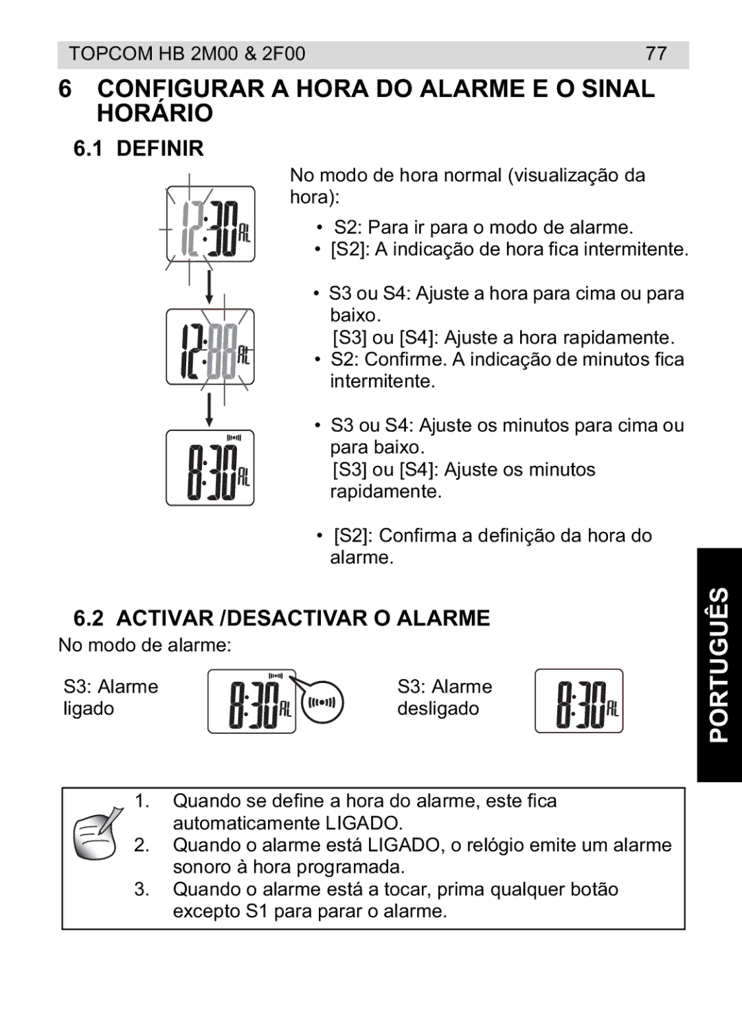 Topcom 4M00, 2F00 manual do utilizador Configurar a Hora do Alarme E O Sinal Horário, Definir, Activar /DESACTIVAR O Alarme 