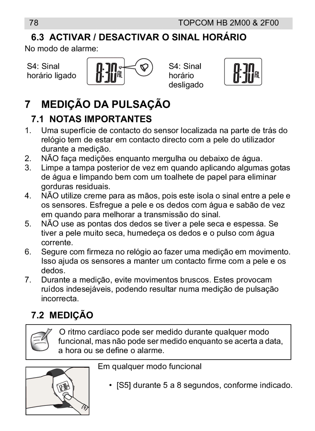 Topcom 2F00, 4M00 manual do utilizador Medição DA Pulsação, Activar / Desactivar O Sinal Horário, Notas Importantes 