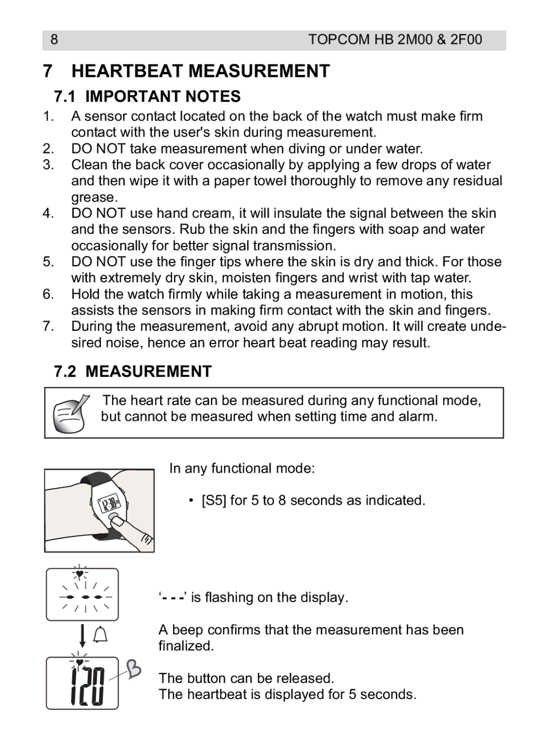 Topcom 2F00, 4M00 manual do utilizador Heartbeat Measurement, Important Notes 