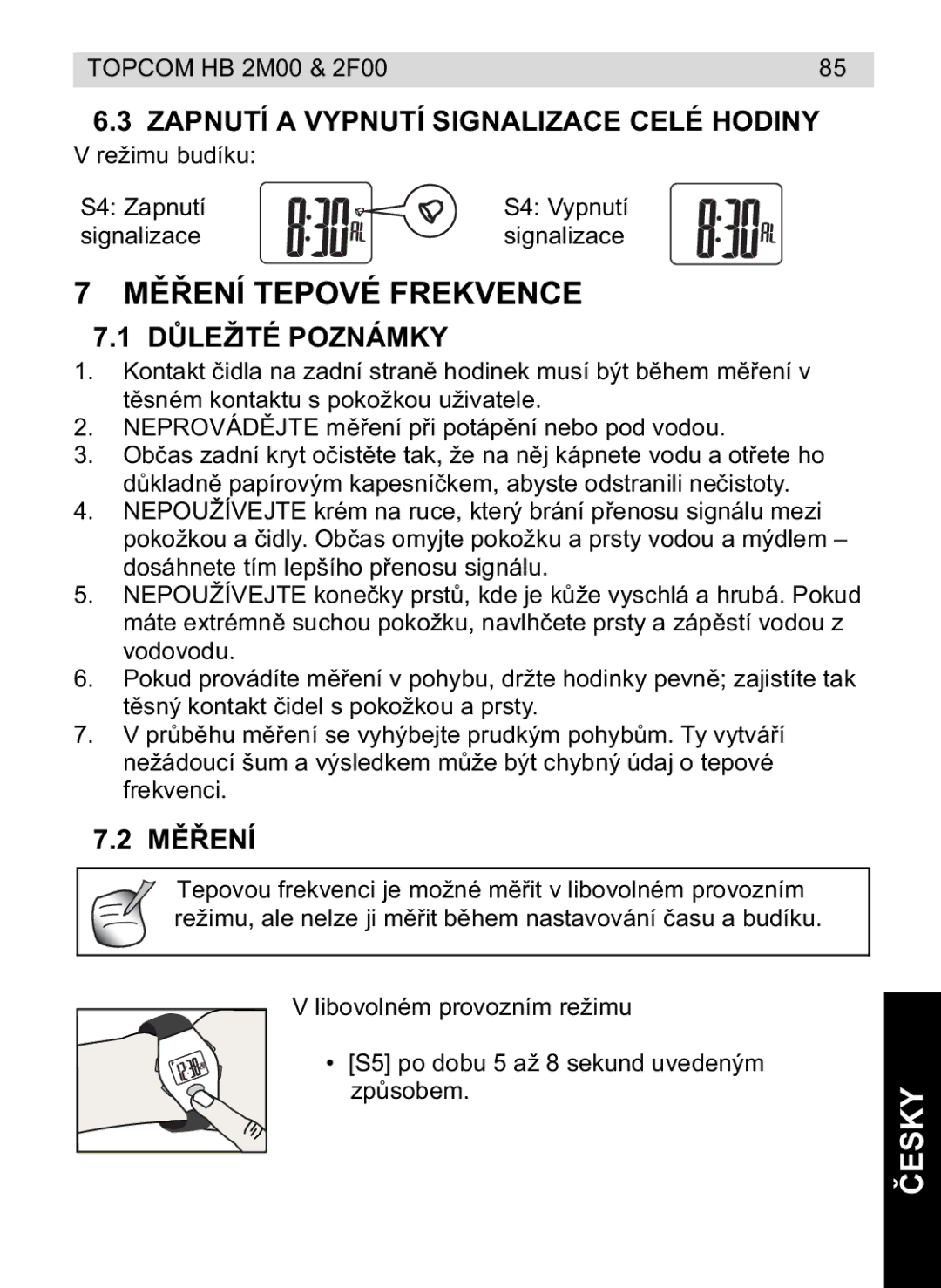 Topcom 4M00, 2F00 manual do utilizador Mení Tepové Frekvence, Zapnutí a Vypnutí Signalizace Celé Hodiny, Dležité Poznámky 