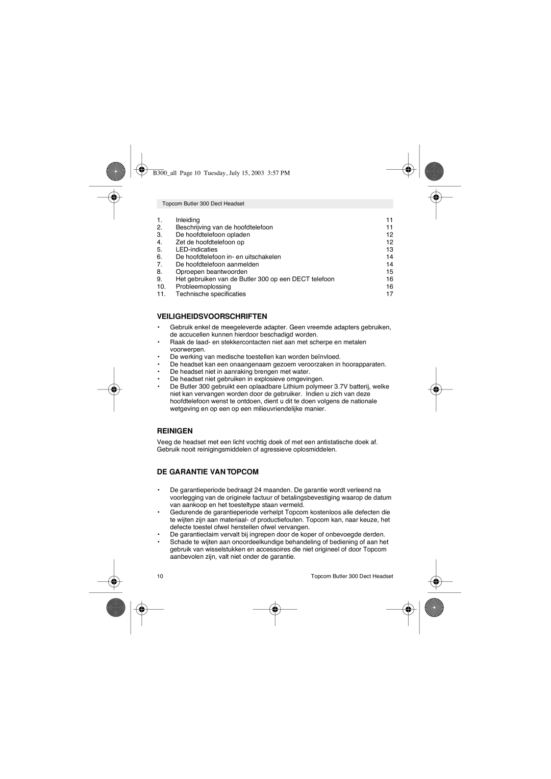 Topcom 300 DECT user manual Veiligheidsvoorschriften, Reinigen, DE Garantie VAN Topcom 