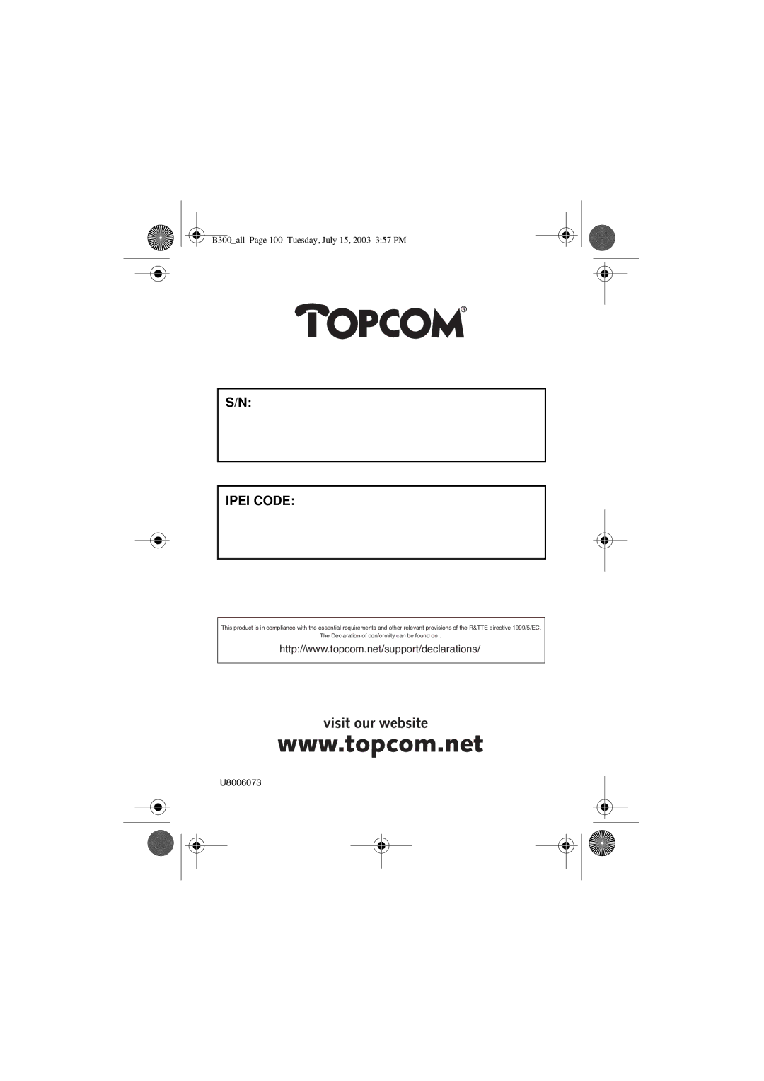 Topcom 300 DECT user manual Ipei Code 