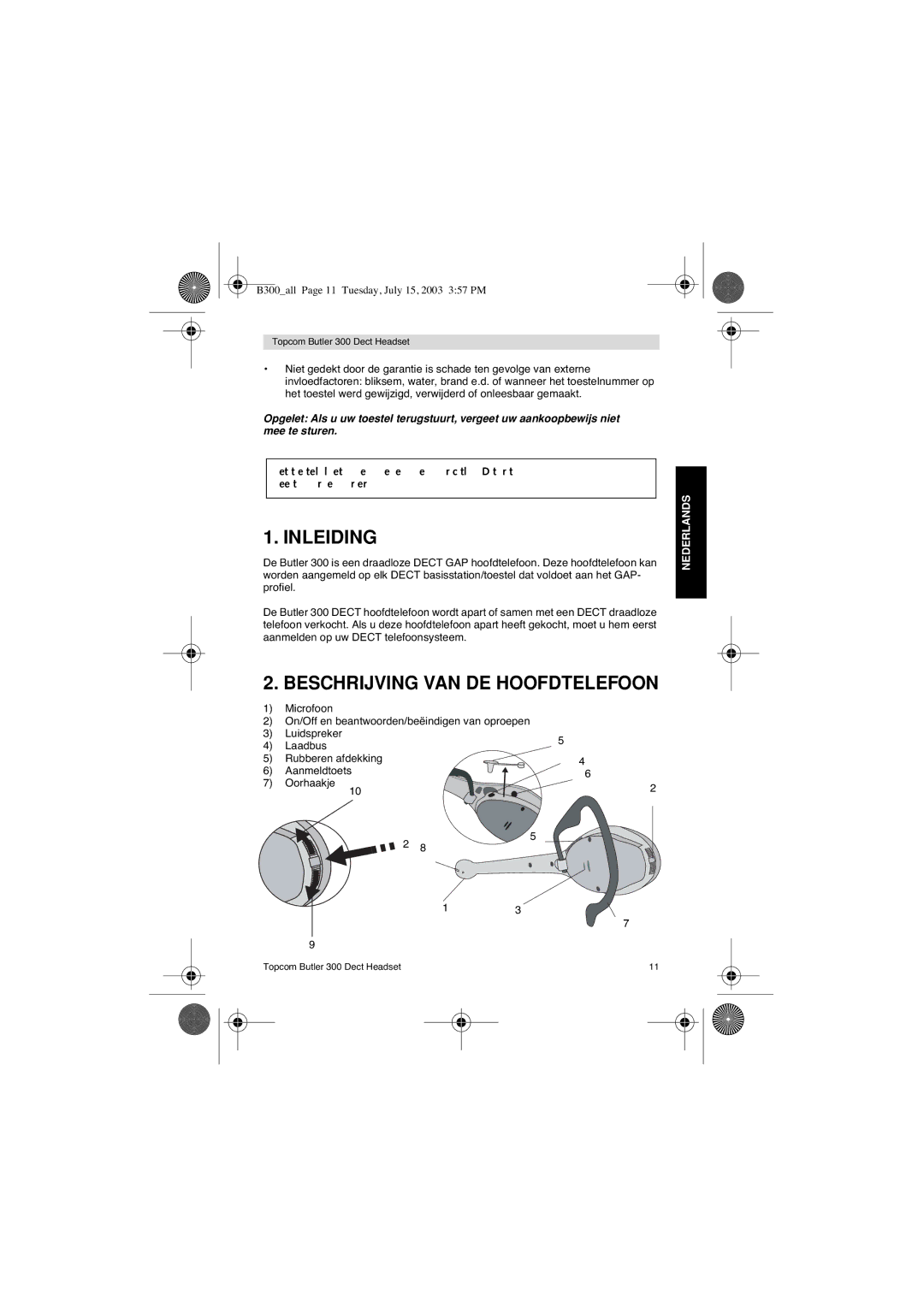 Topcom 300 DECT user manual Inleiding, Beschrijving VAN DE Hoofdtelefoon 