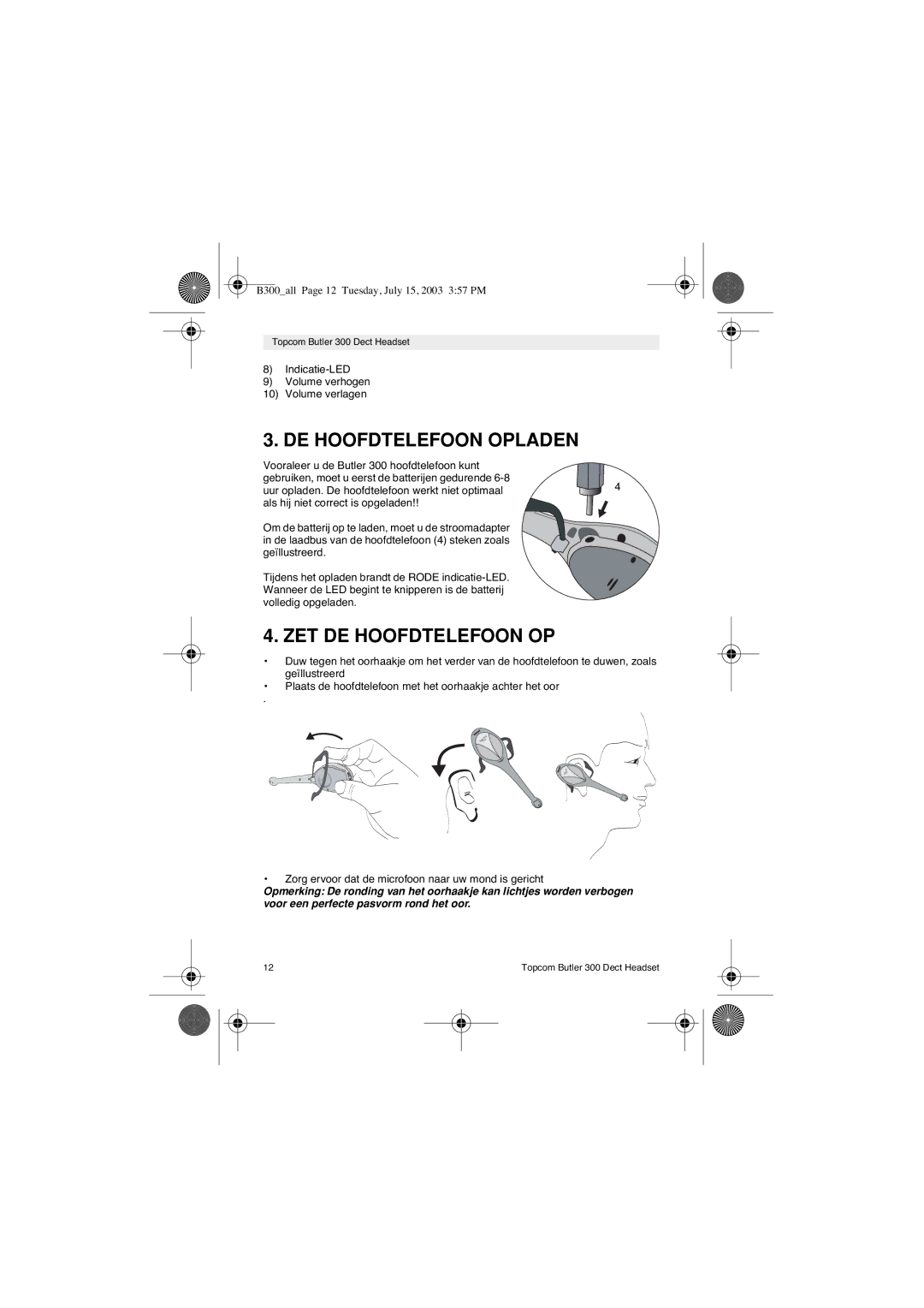 Topcom 300 DECT user manual DE Hoofdtelefoon Opladen, ZET DE Hoofdtelefoon OP 