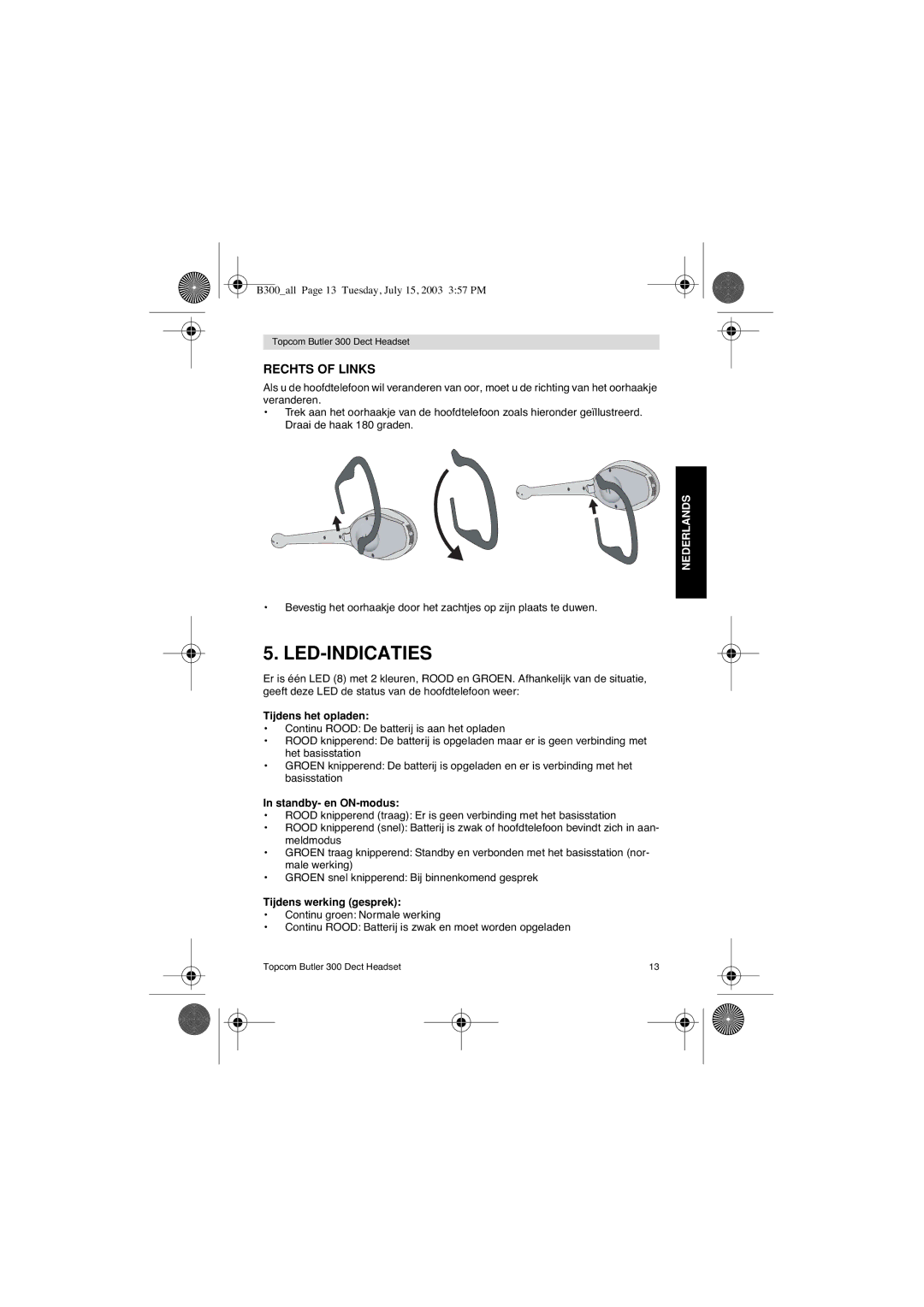 Topcom 300 DECT Led-Indicaties, Rechts of Links, Tijdens het opladen, Standby- en ON-modus, Tijdens werking gesprek 