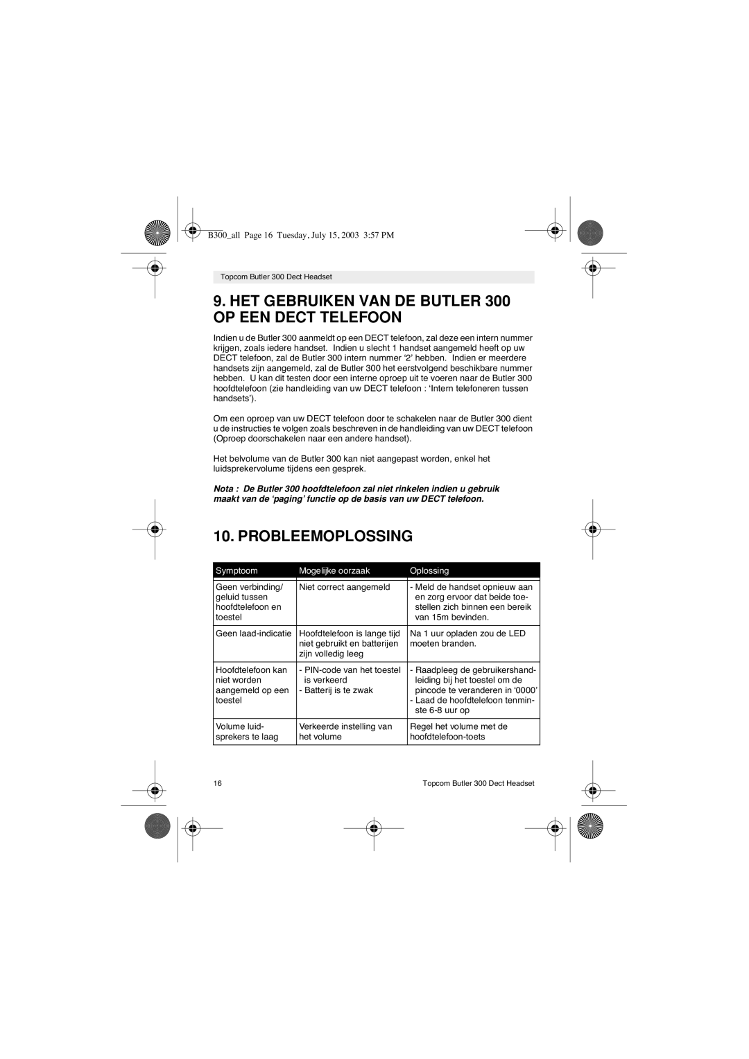 Topcom 300 DECT user manual HET Gebruiken VAN DE Butler 300 OP EEN Dect Telefoon, Probleemoplossing 