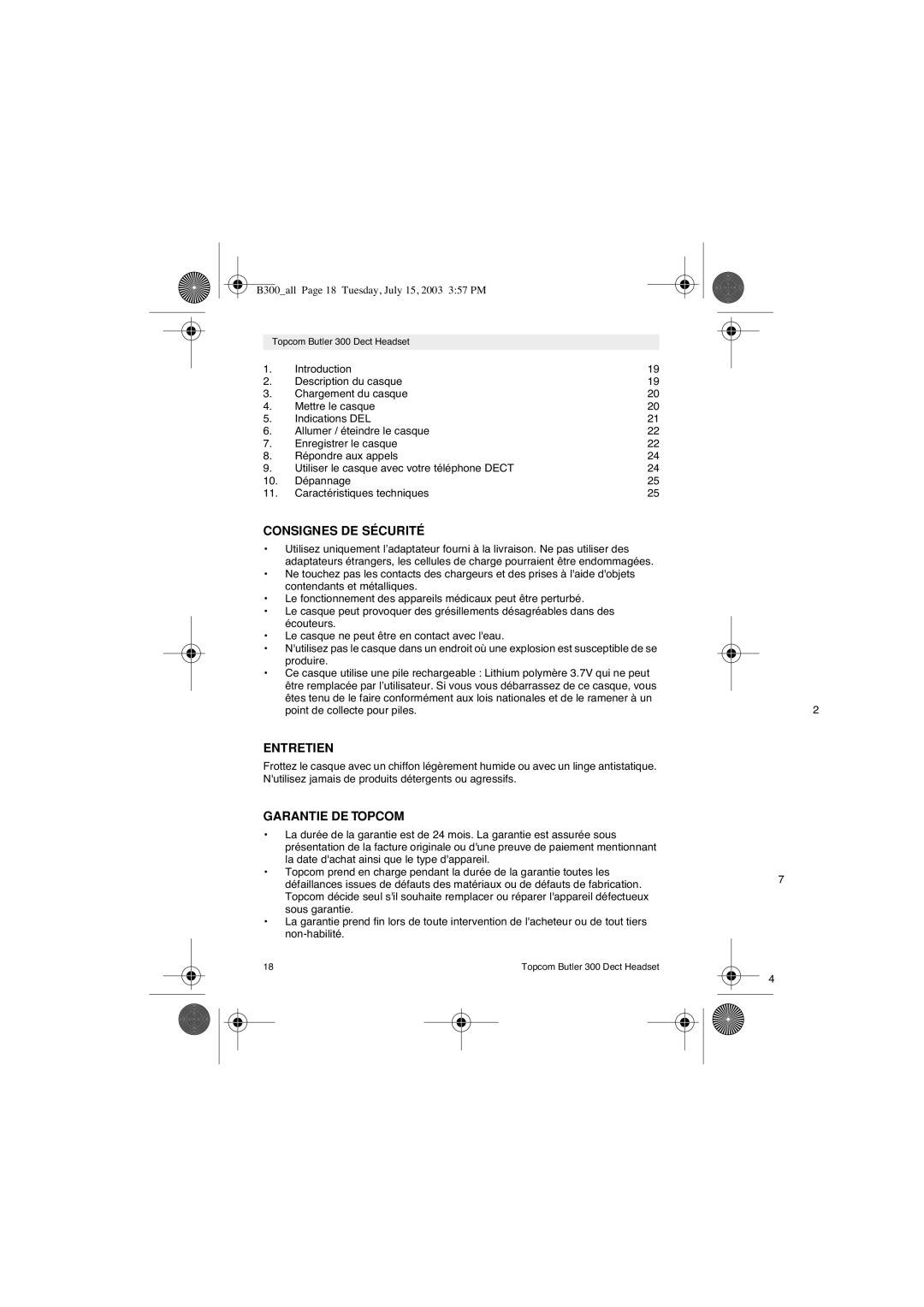 Topcom 300 DECT user manual Consignes DE Sécurité, Entretien, Garantie DE Topcom 