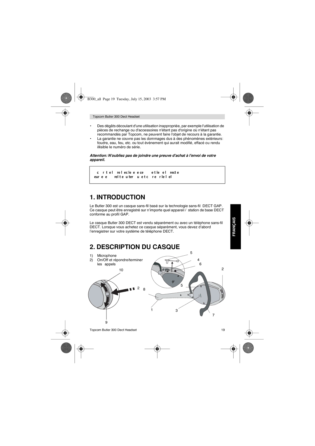 Topcom 300 DECT user manual Description DU Casque, Français 