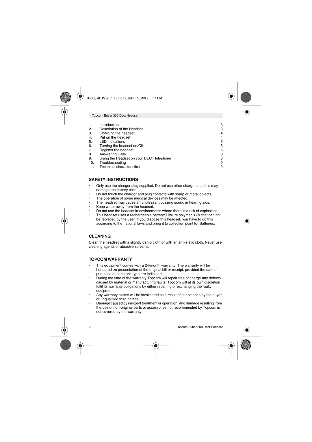 Topcom 300 DECT user manual Safety Instructions, Cleaning, Topcom Warranty 