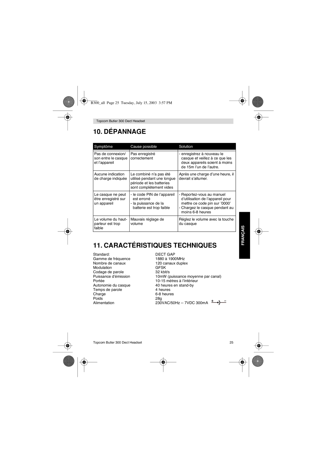 Topcom 300 DECT user manual 10. Dépannage, Caractéristiques Techniques, Symptôme Cause possible Solution 