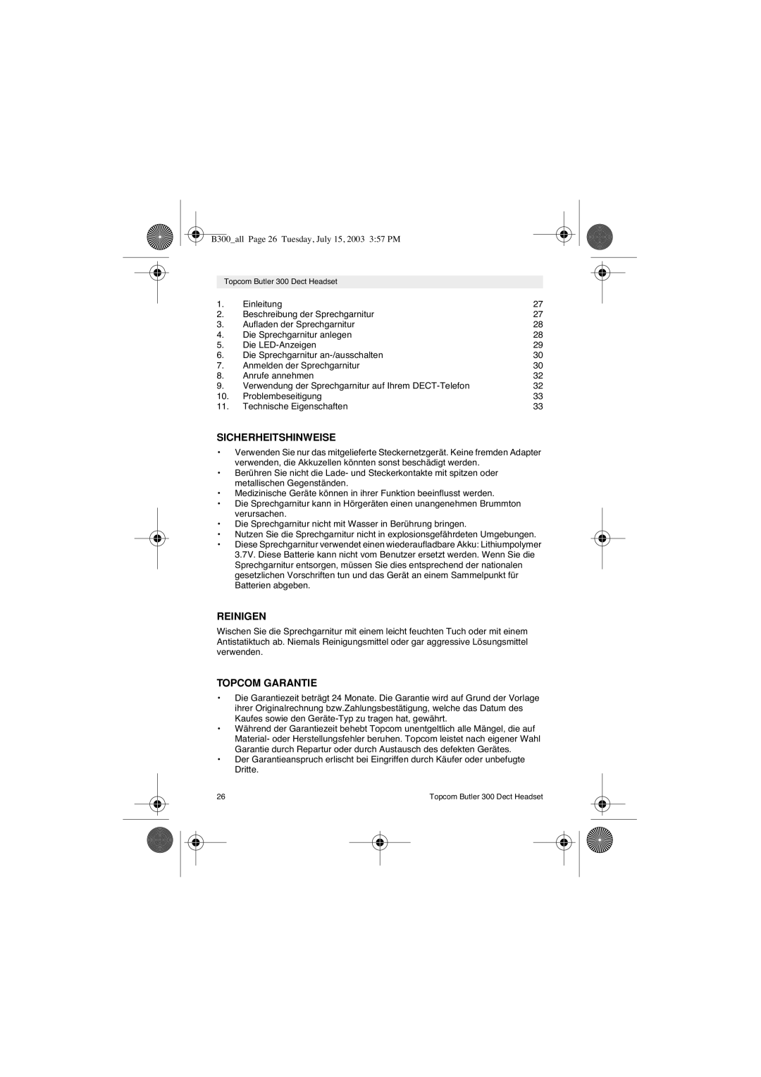 Topcom 300 DECT user manual Sicherheitshinweise, Topcom Garantie 