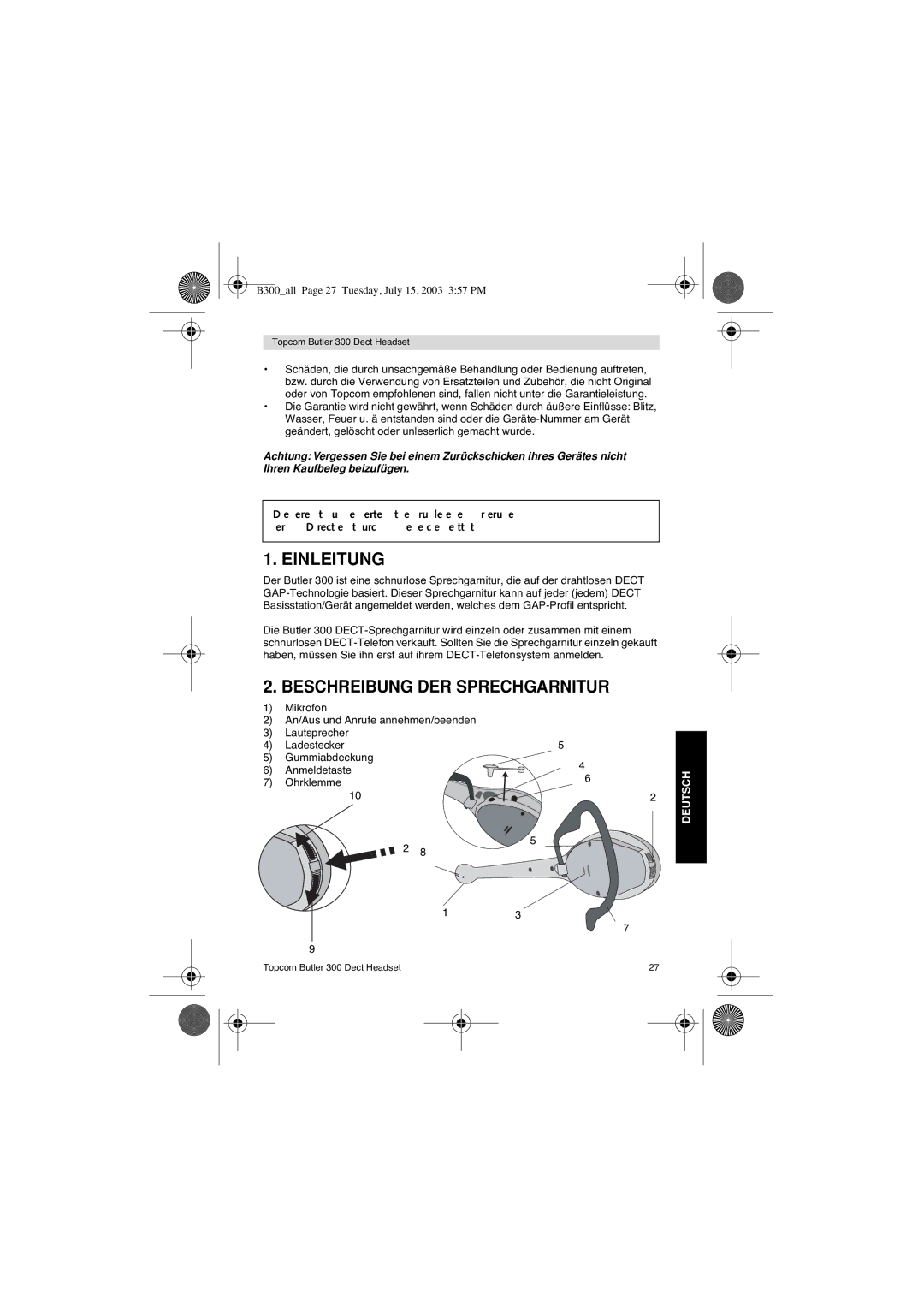 Topcom 300 DECT user manual Einleitung 