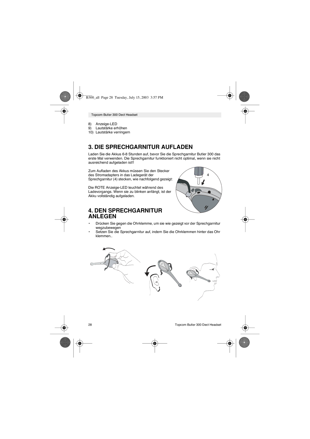 Topcom 300 DECT user manual DIE Sprechgarnitur Aufladen 