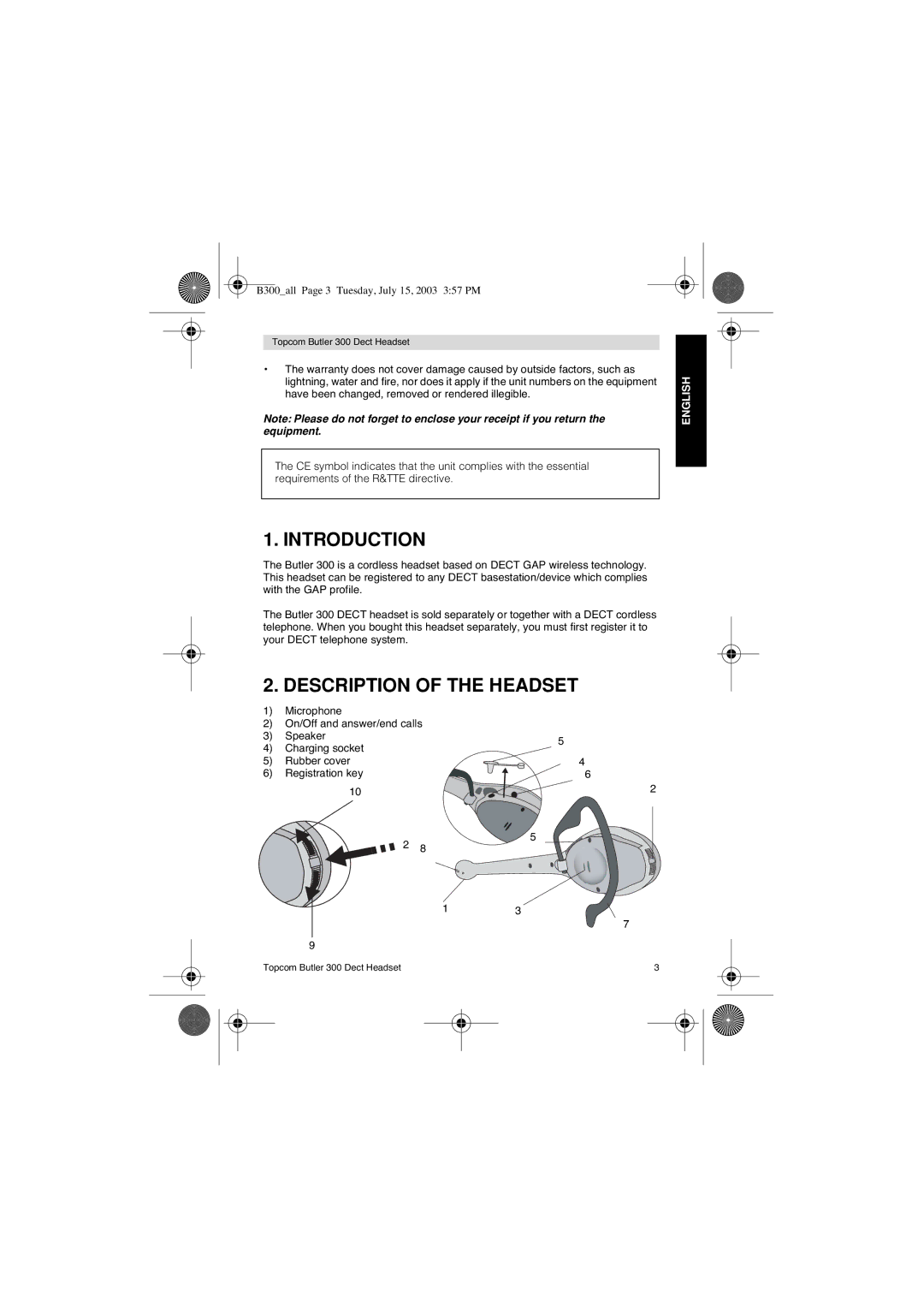 Topcom 300 DECT user manual Introduction, Description of the Headset 