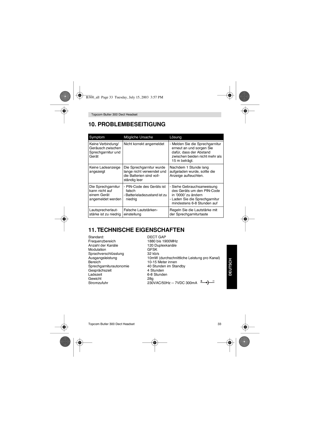 Topcom 300 DECT user manual Problembeseitigung, Symptom Mögliche Ursache Lösung 