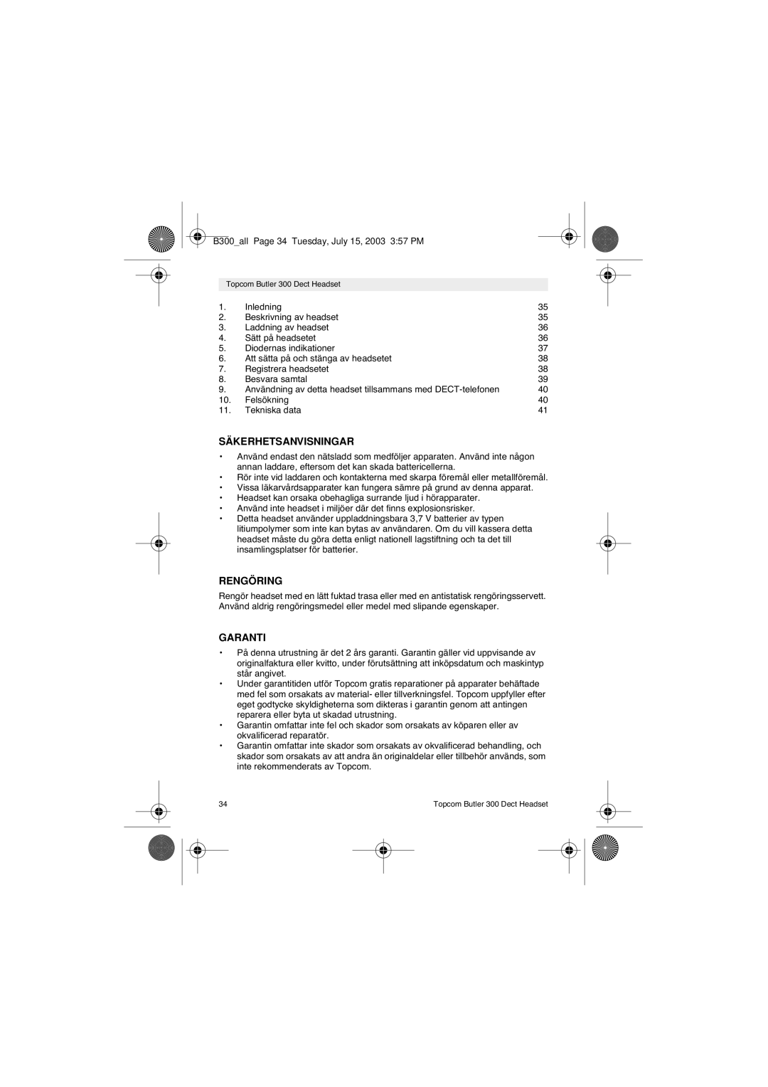 Topcom 300 DECT user manual Säkerhetsanvisningar, Rengöring, Garanti 