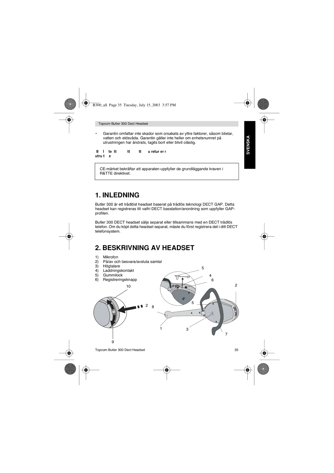 Topcom 300 DECT user manual Inledning, Beskrivning AV Headset 