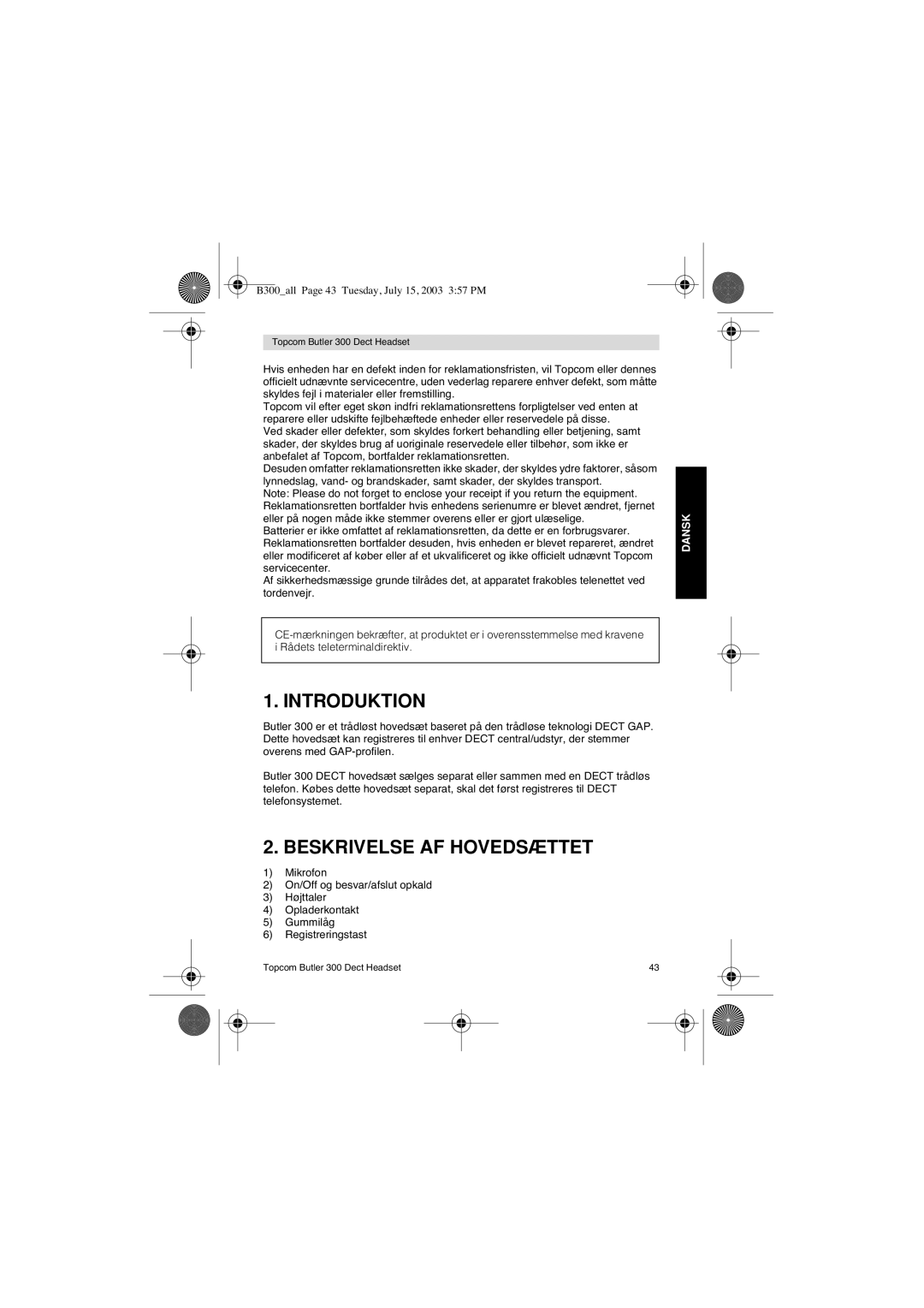 Topcom 300 DECT user manual Introduktion, Beskrivelse AF Hovedsættet 