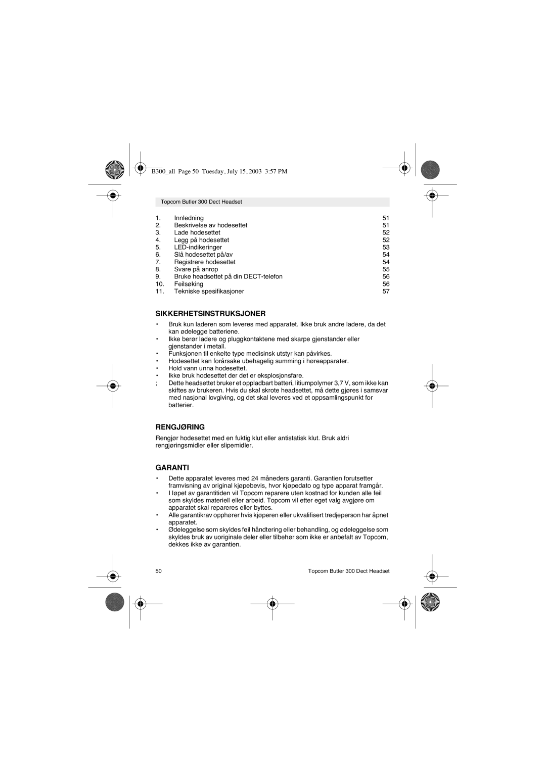 Topcom 300 DECT user manual Sikkerhetsinstruksjoner, Rengjøring 