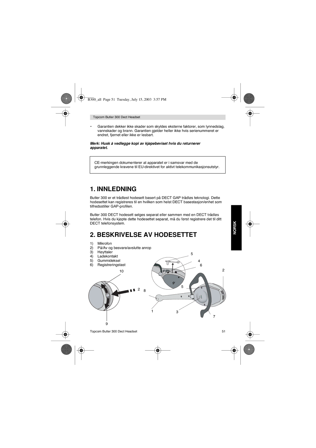 Topcom 300 DECT user manual Innledning, Beskrivelse AV Hodesettet 