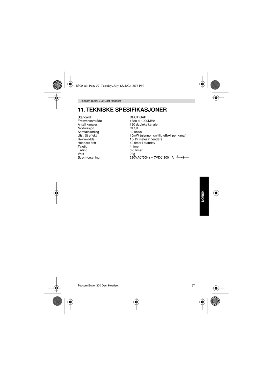 Topcom 300 DECT user manual Tekniske Spesifikasjoner 