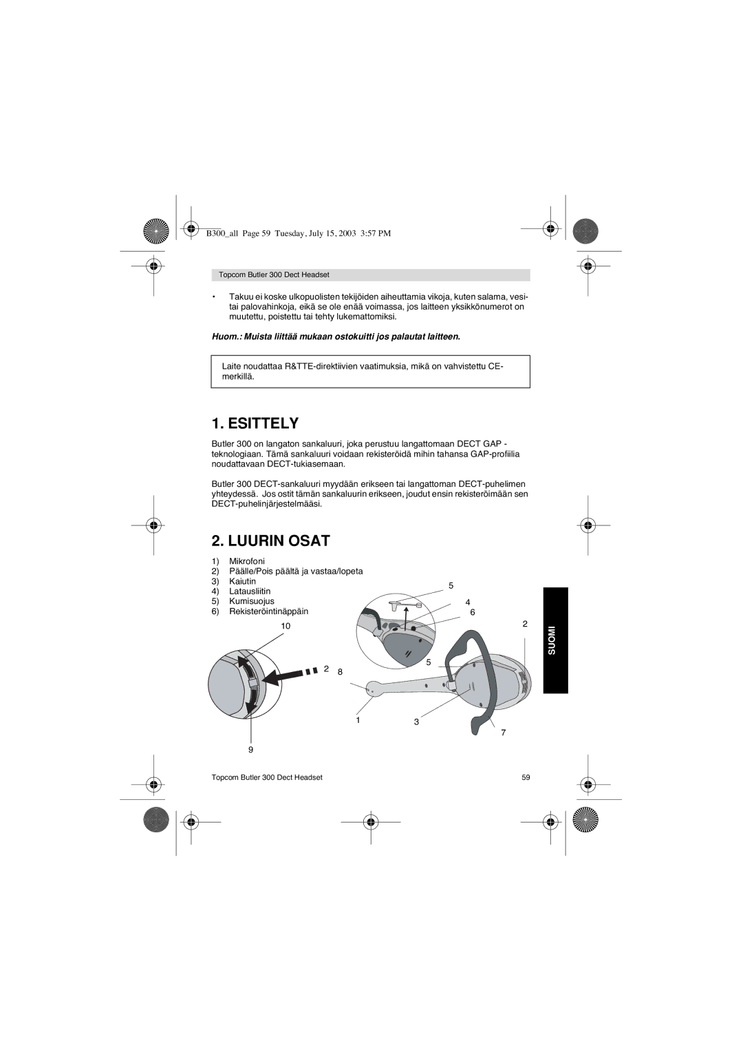 Topcom 300 DECT user manual Esittely, Luurin Osat 