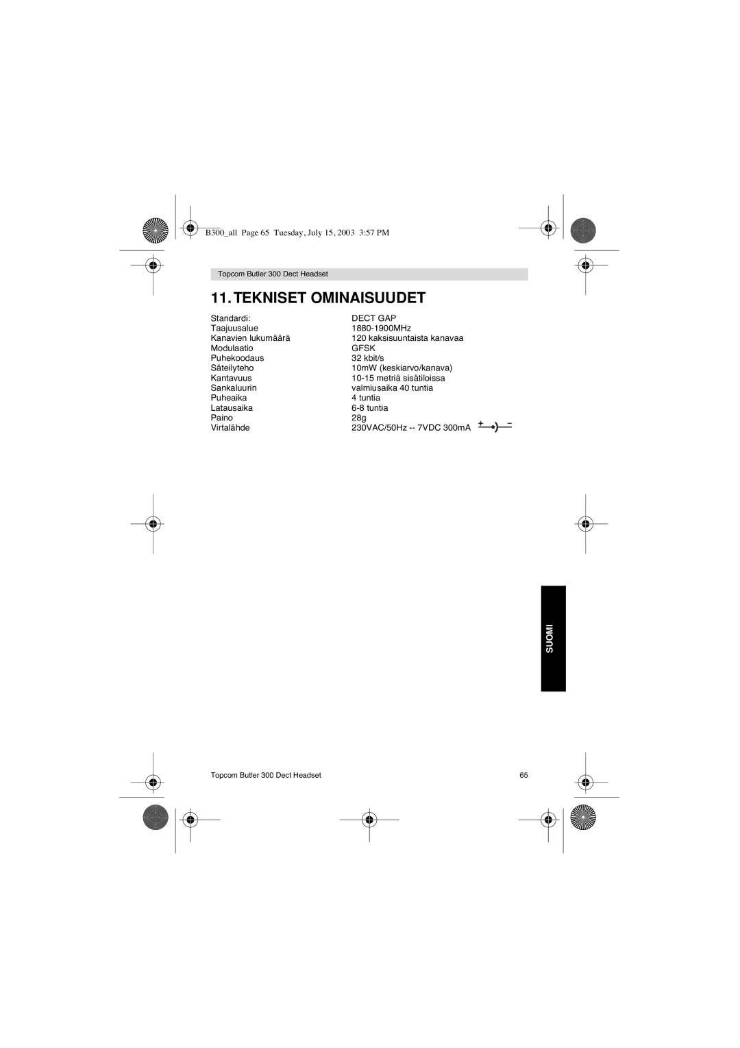 Topcom 300 DECT user manual Tekniset Ominaisuudet 