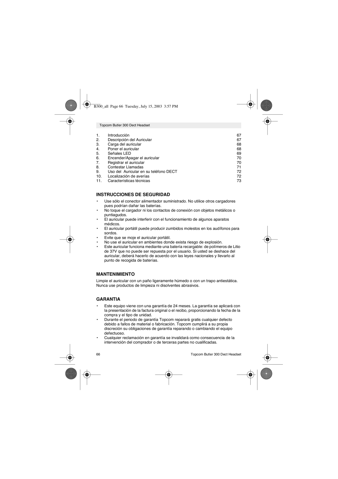 Topcom 300 DECT user manual Instrucciones DE Seguridad, Mantenimiento, Garantia 