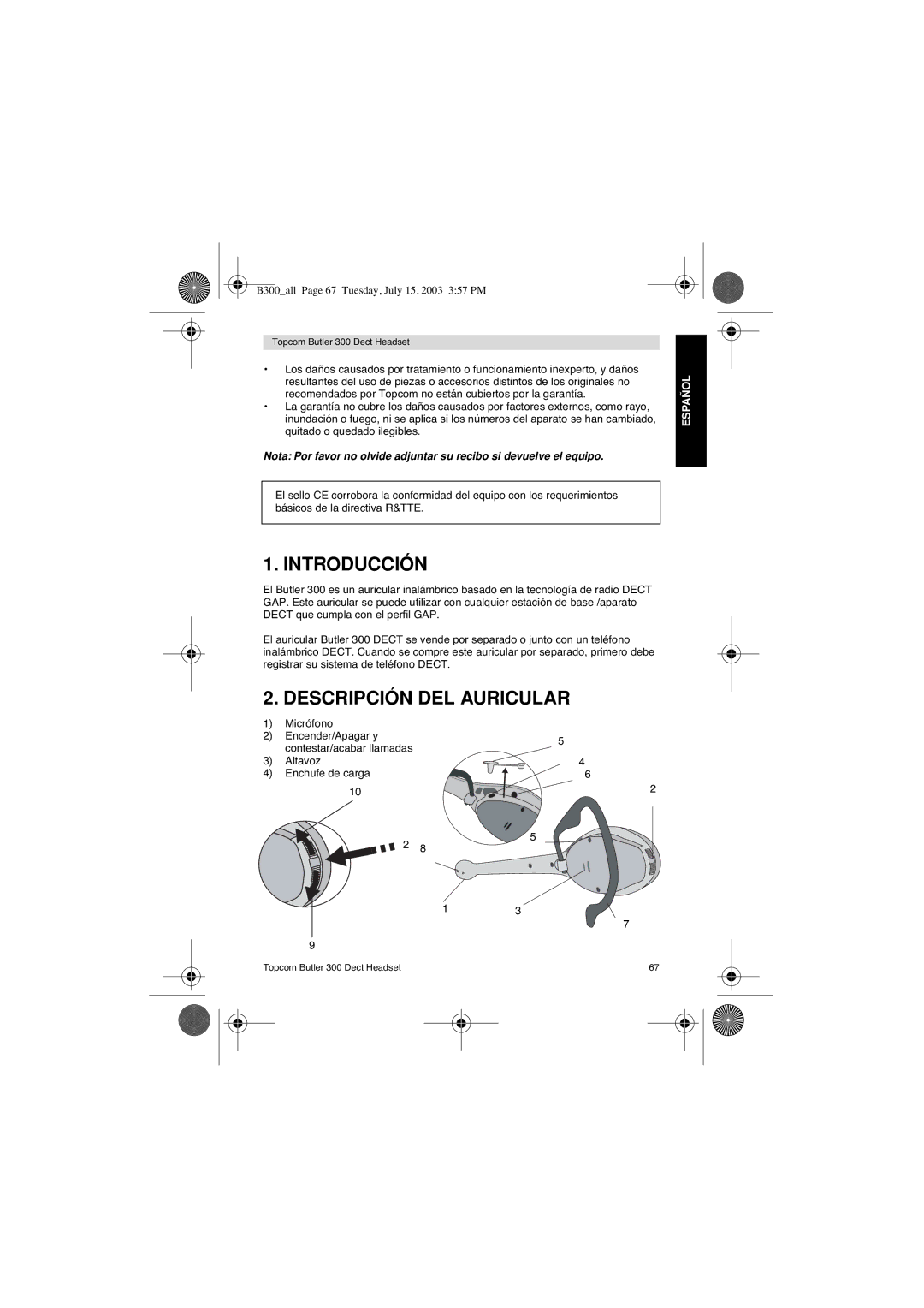 Topcom 300 DECT user manual Introducción, Descripción DEL Auricular 