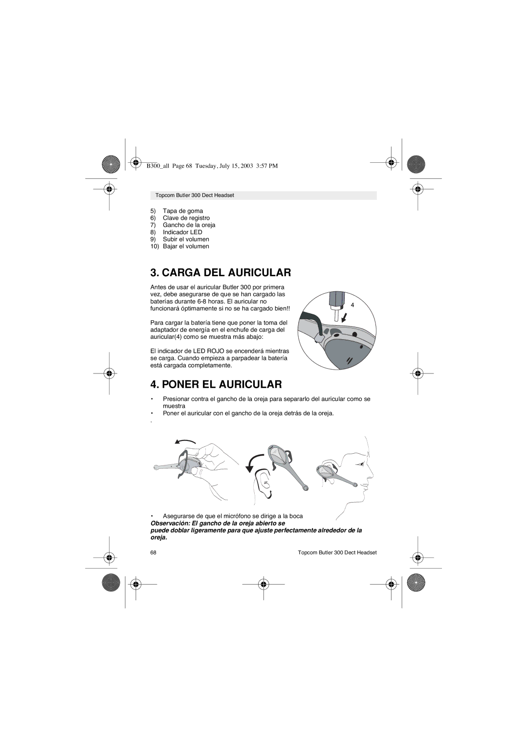 Topcom 300 DECT user manual Carga DEL Auricular, Poner EL Auricular 