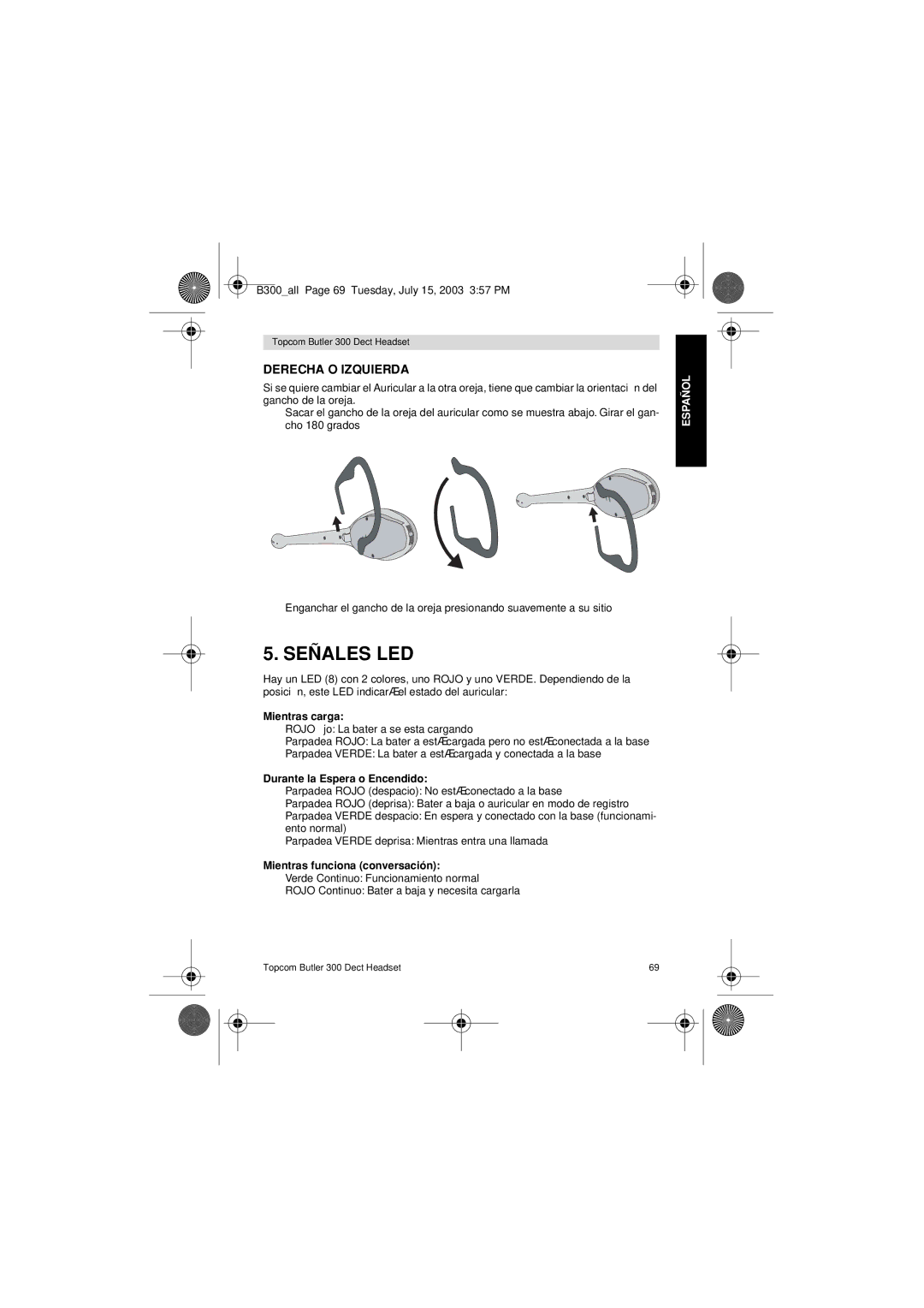 Topcom 300 DECT user manual Señales LED, Derecha O Izquierda, Mientras carga, Durante la Espera o Encendido 