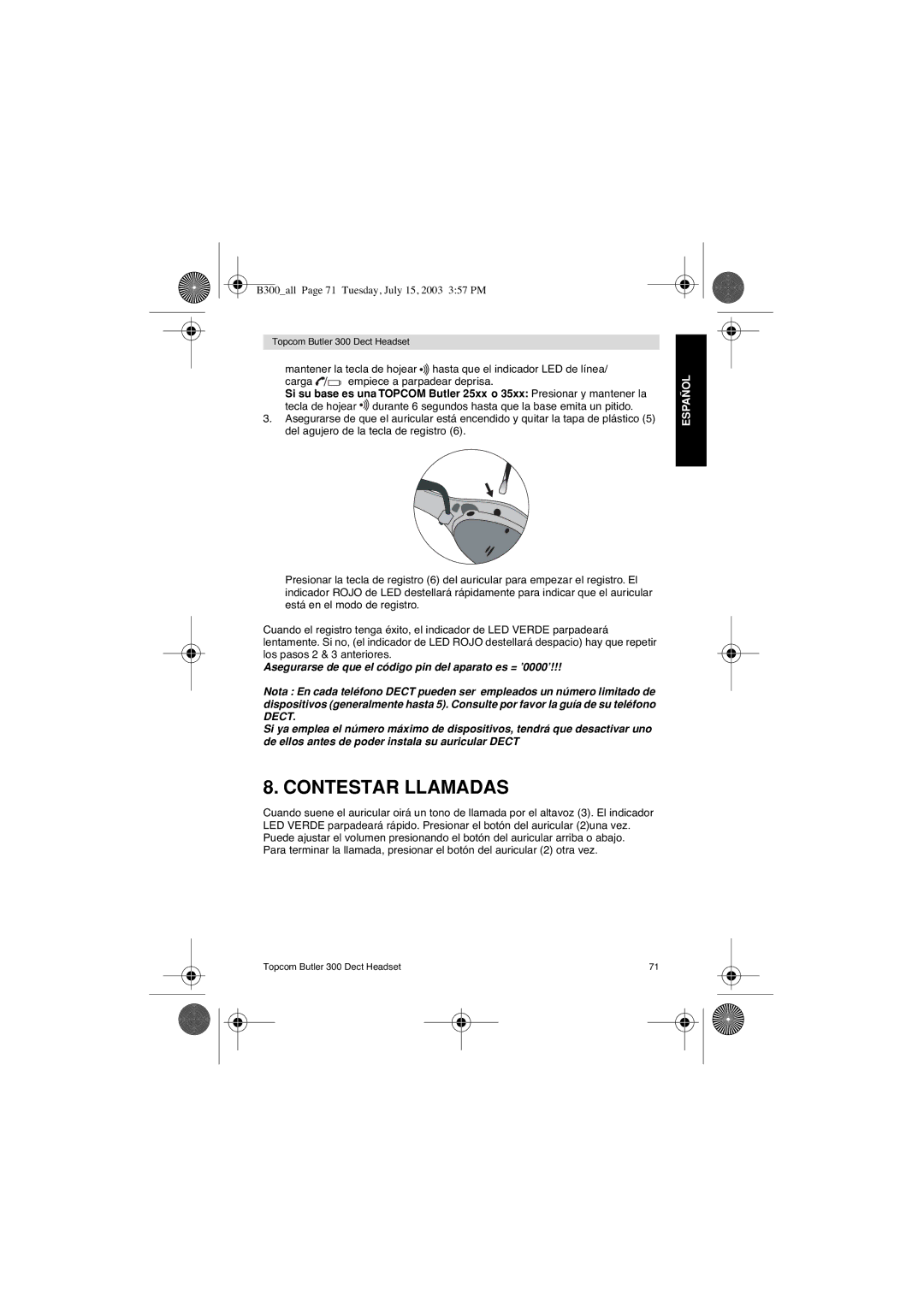 Topcom 300 DECT user manual Contestar Llamadas 