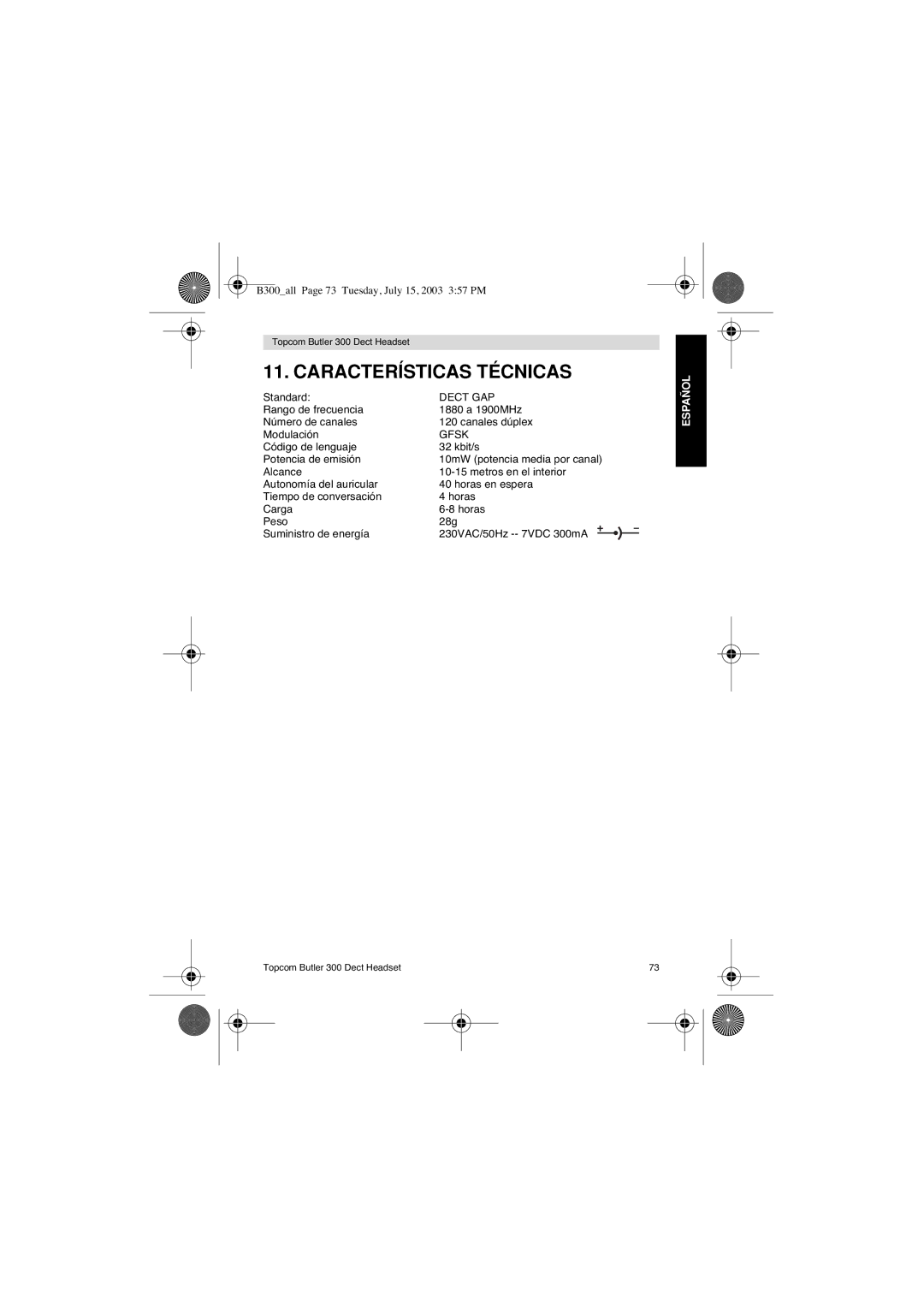 Topcom 300 DECT user manual Características Técnicas 