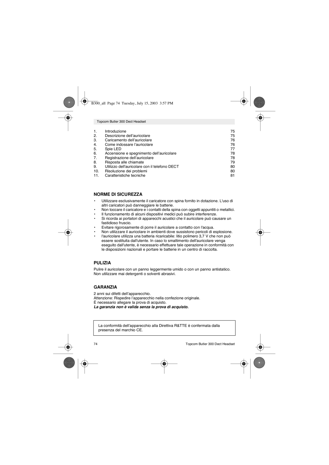 Topcom 300 DECT user manual Norme DI Sicurezza, Pulizia, Garanzia 