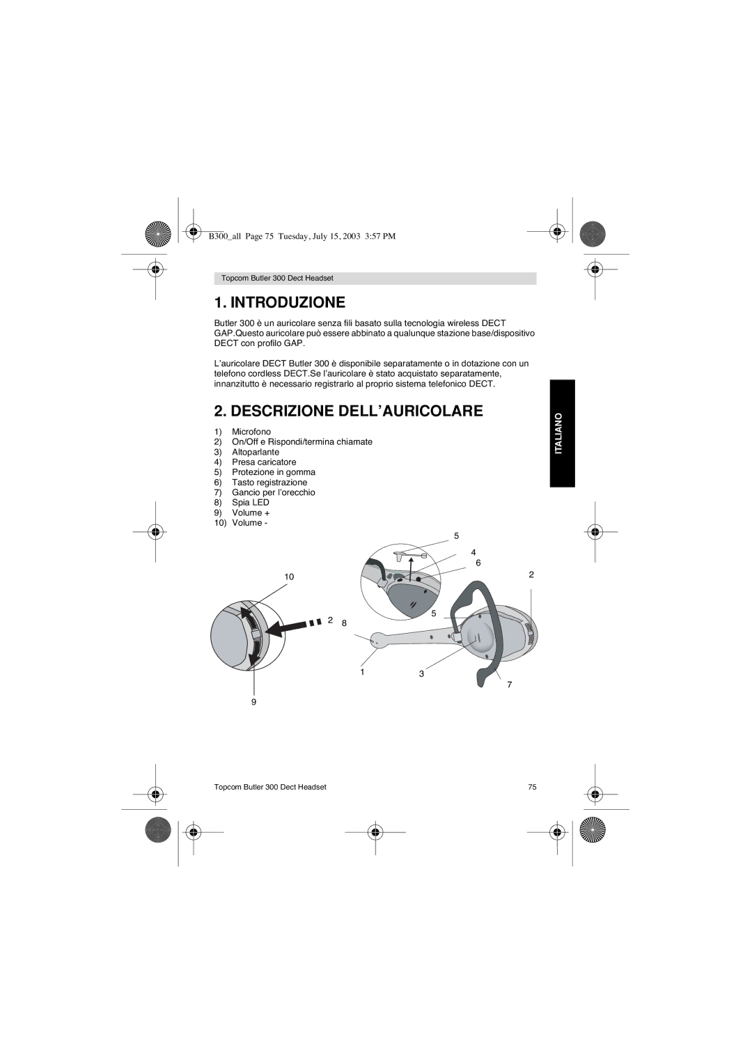 Topcom 300 DECT user manual Introduzione, Descrizione DELL’AURICOLARE 