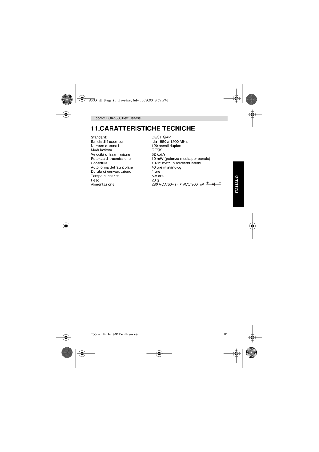 Topcom 300 DECT user manual Caratteristiche Tecniche 