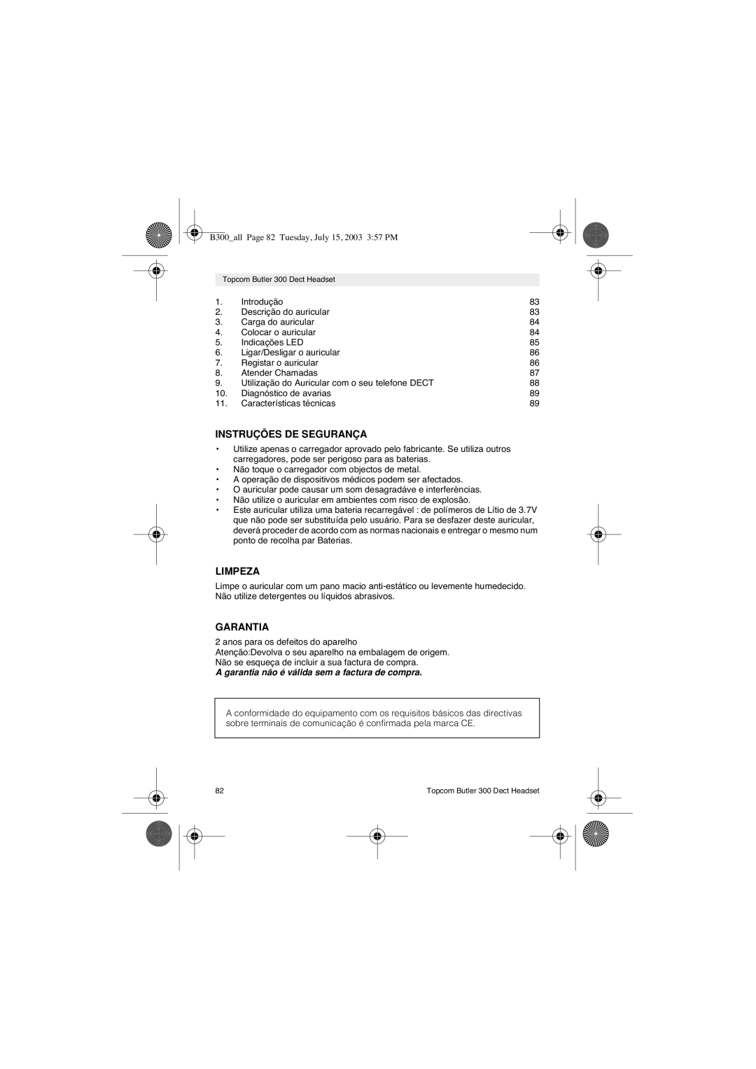 Topcom 300 DECT user manual Instruções DE Segurança, Limpeza 