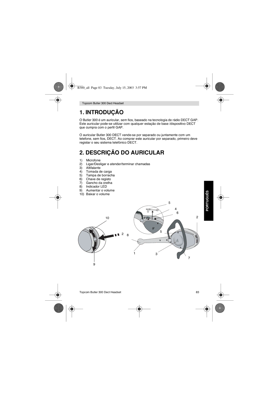 Topcom 300 DECT user manual Introdução, Descrição do Auricular 