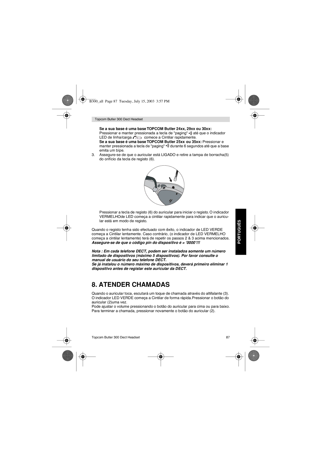 Topcom 300 DECT user manual Atender Chamadas 