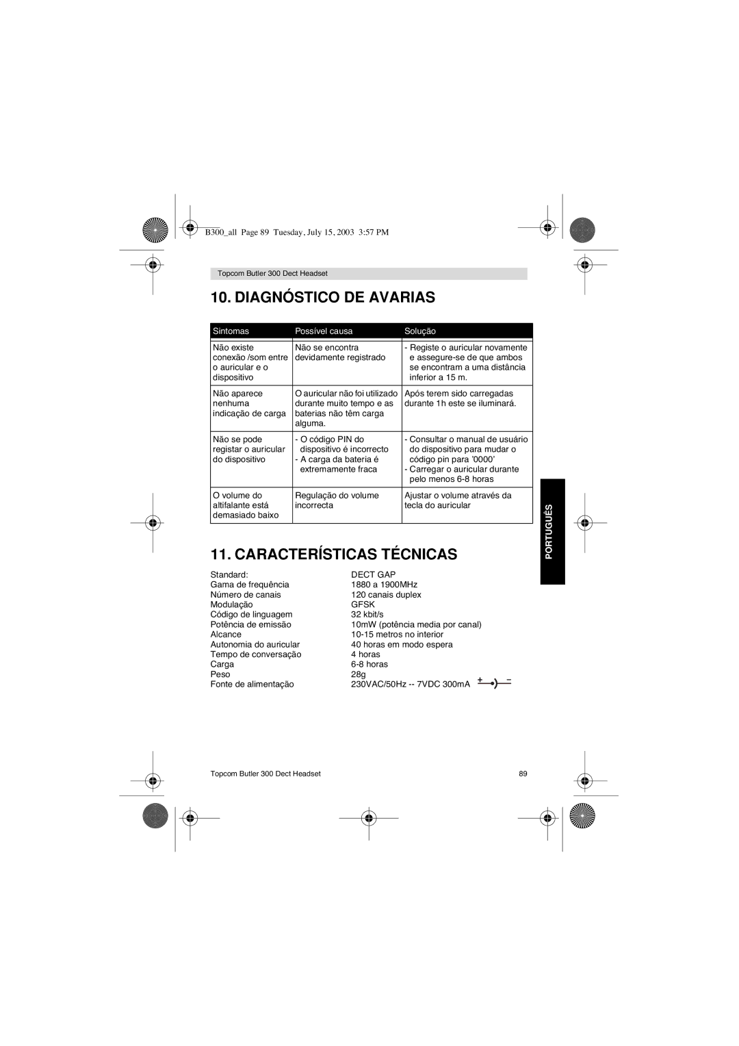 Topcom 300 DECT user manual Diagnóstico DE Avarias, Sintomas Possível causa Solução 