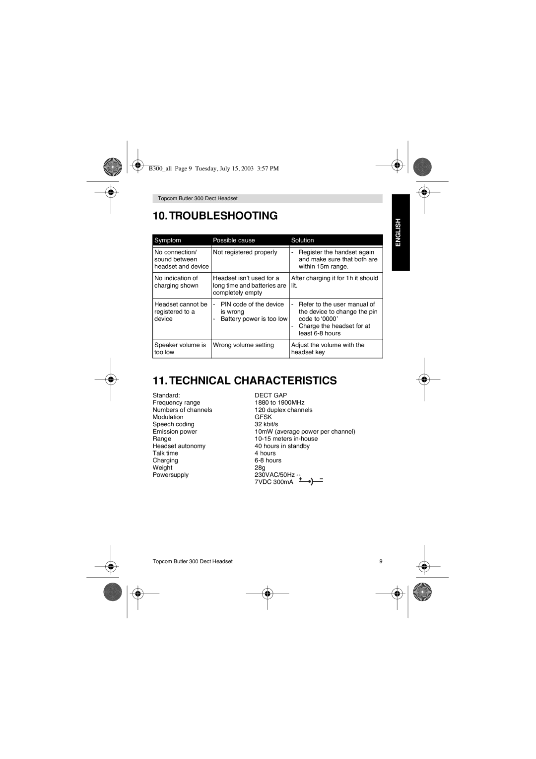 Topcom 300 DECT user manual Troubleshooting, Technical Characteristics, Symptom Possible cause Solution 