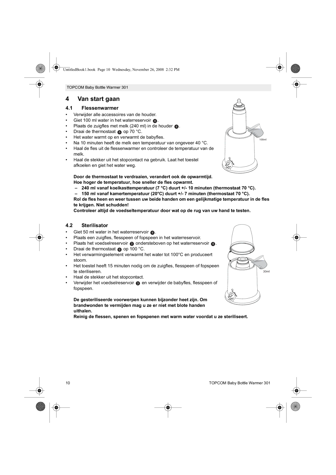 Topcom 301 manual do utilizador Van start gaan, Flessenwarmer, Sterilisator 