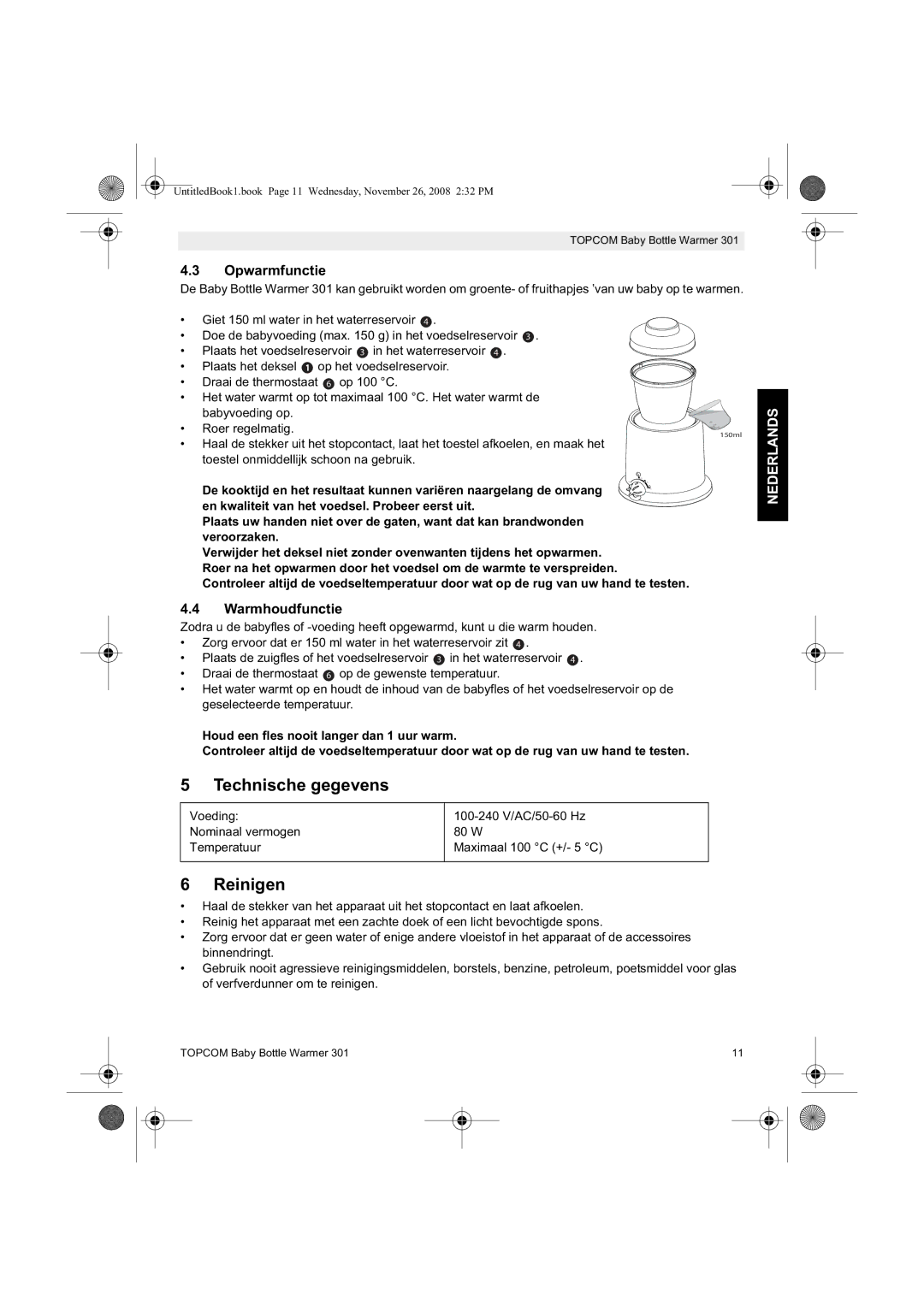 Topcom 301 manual do utilizador Technische gegevens, Reinigen, Opwarmfunctie, Warmhoudfunctie 