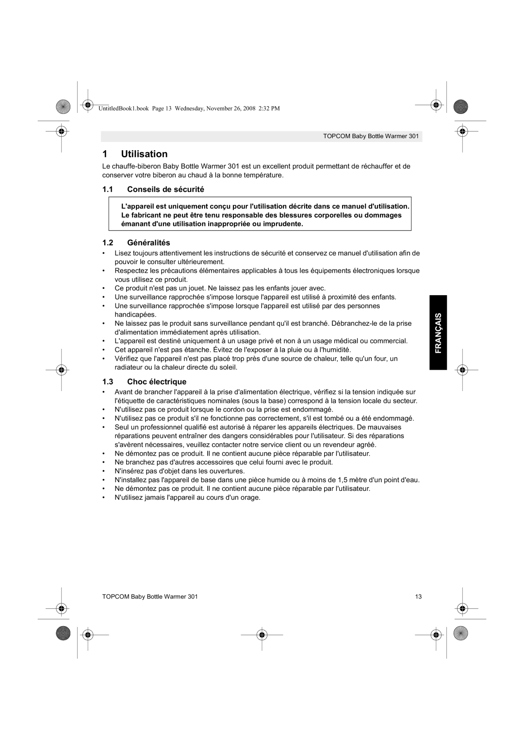 Topcom 301 manual do utilizador Utilisation, Conseils de sécurité, Généralités, Choc électrique, Français 