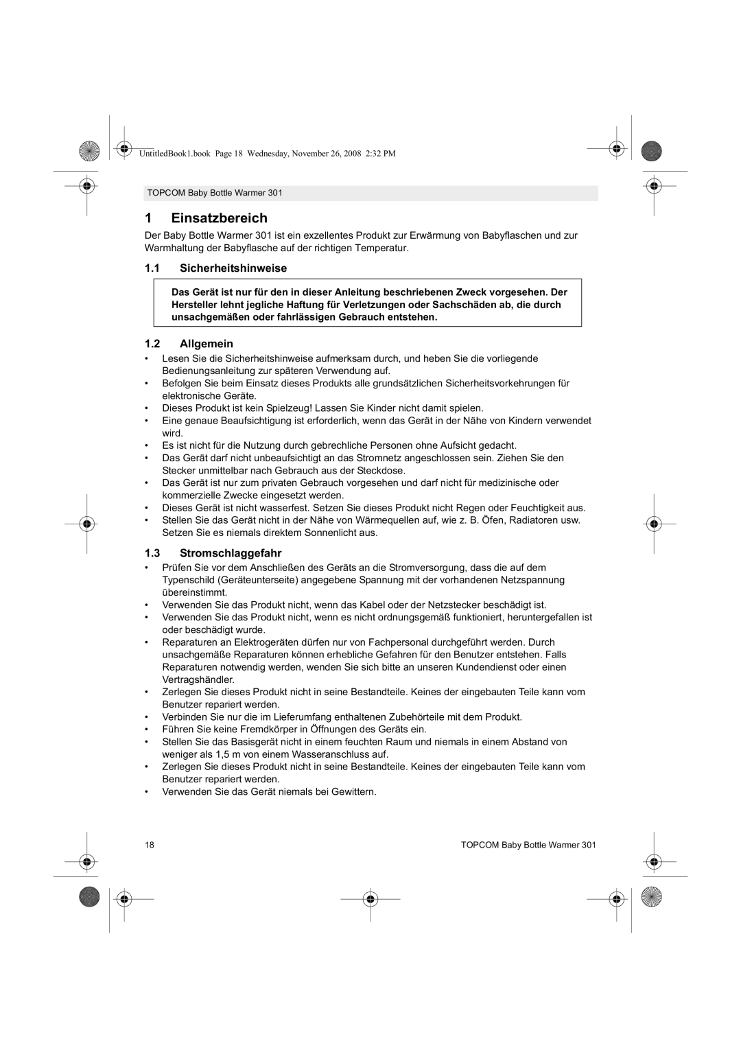 Topcom 301 manual do utilizador Einsatzbereich, Sicherheitshinweise, Allgemein, Stromschlaggefahr 