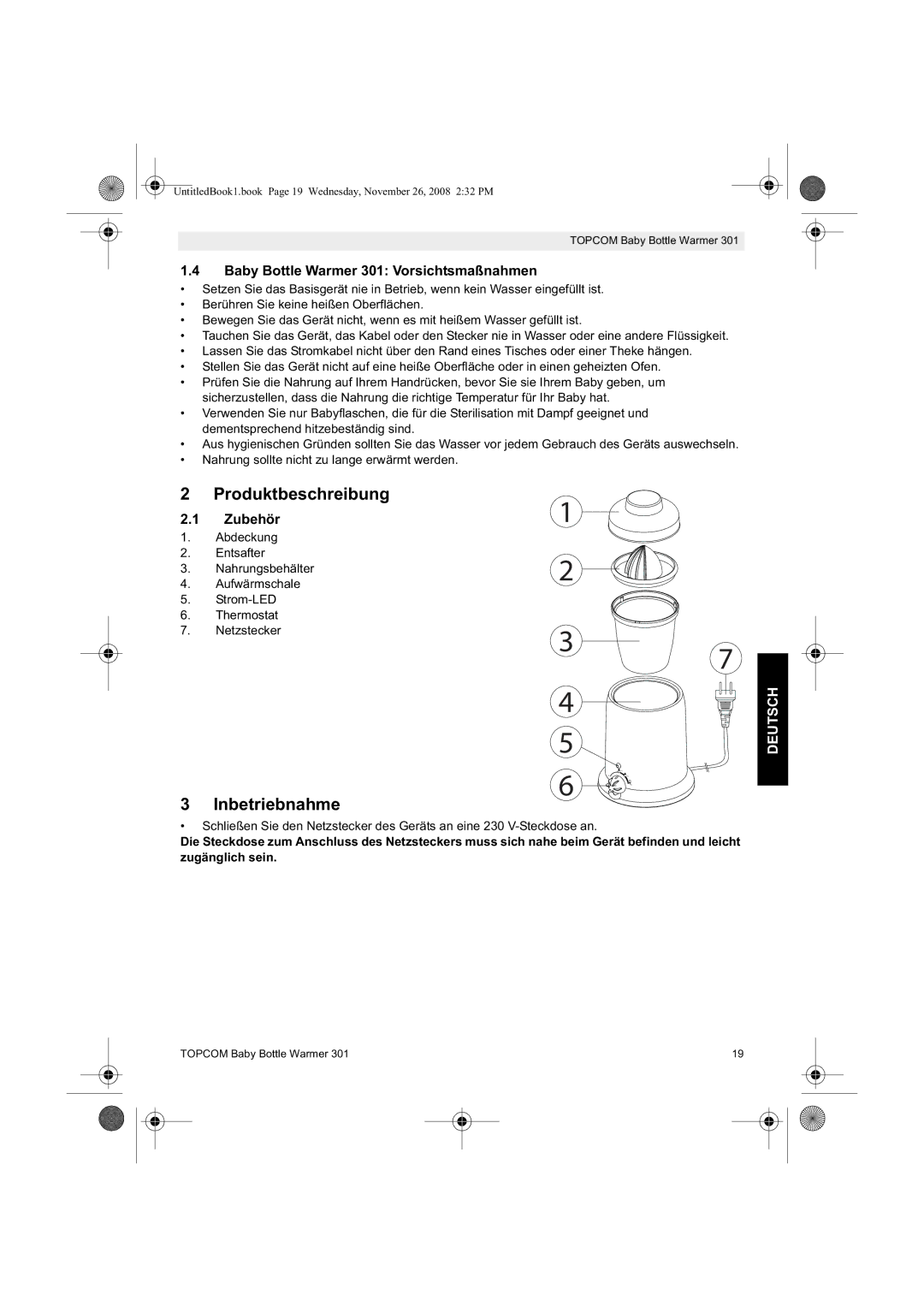 Topcom Produktbeschreibung, Inbetriebnahme, Baby Bottle Warmer 301 Vorsichtsmaßnahmen, Zubehör, Deutsch 