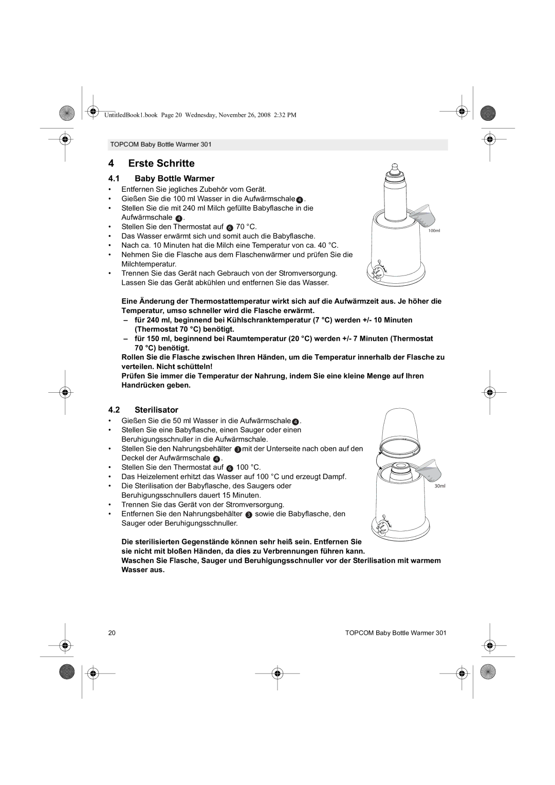 Topcom 301 manual do utilizador Erste Schritte, Baby Bottle Warmer 