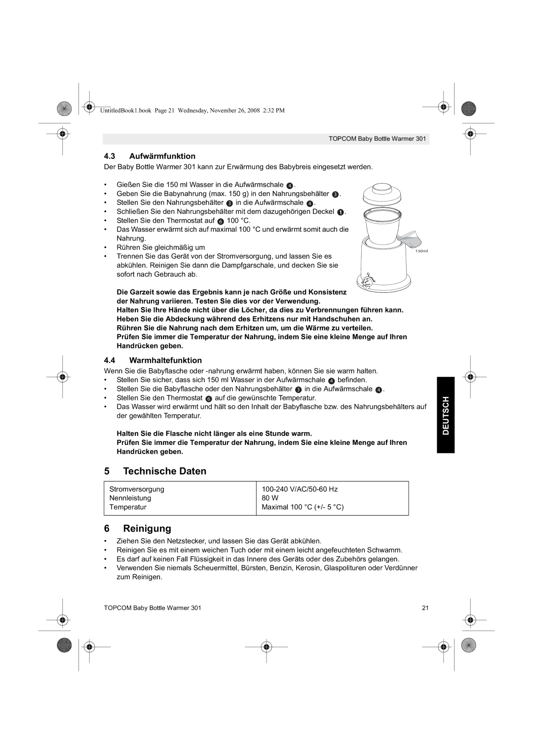 Topcom 301 manual do utilizador Technische Daten, Reinigung, Aufwärmfunktion, Warmhaltefunktion 